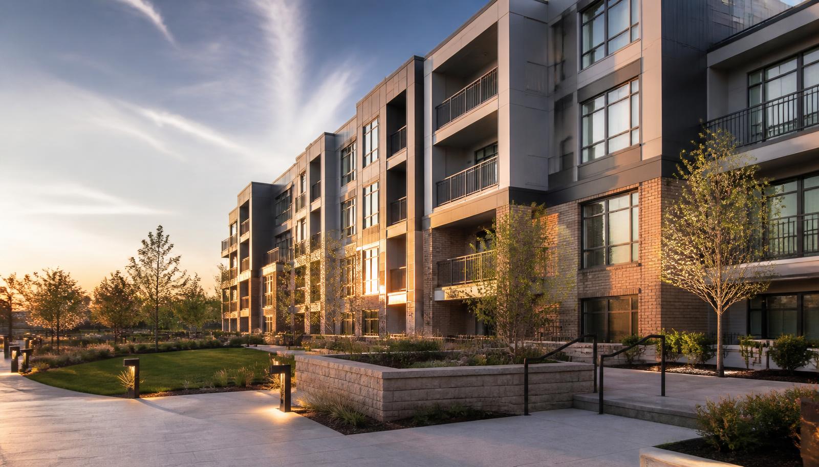 Modern apartment community exterior at golden hour